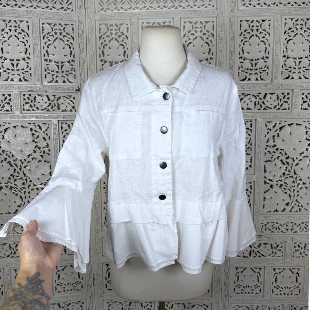 NWT For Cynthia 100% Linen White Peplum Button Jacket Women Small Beachy Resort